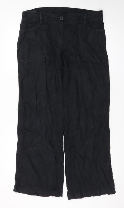 Next Women Black Linen Blend Wide-Leg Trousers Size 12R