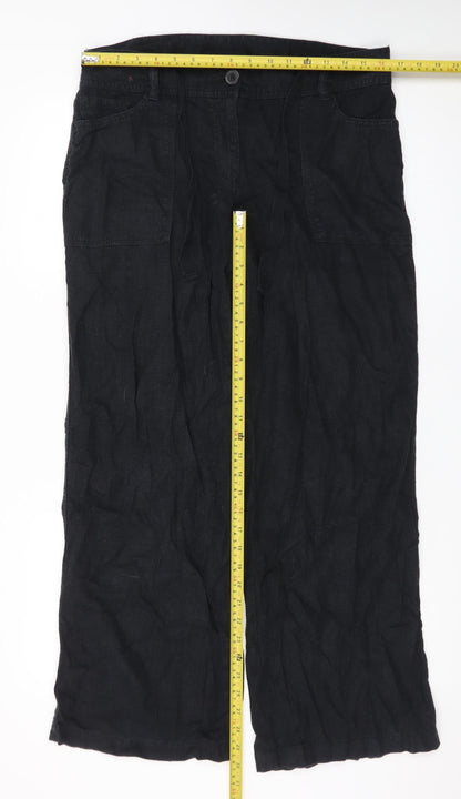 Next Women Black Linen Blend Wide-Leg Trousers Size 12R