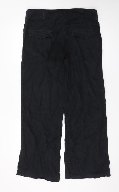 Next Women Black Linen Blend Wide-Leg Trousers Size 12R