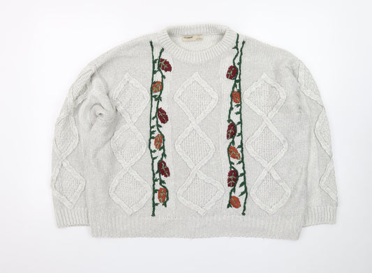 Pull&Bear Women’s Beige Cable-Knit Pullover Jumper Size L Embroidered Floral Autumn