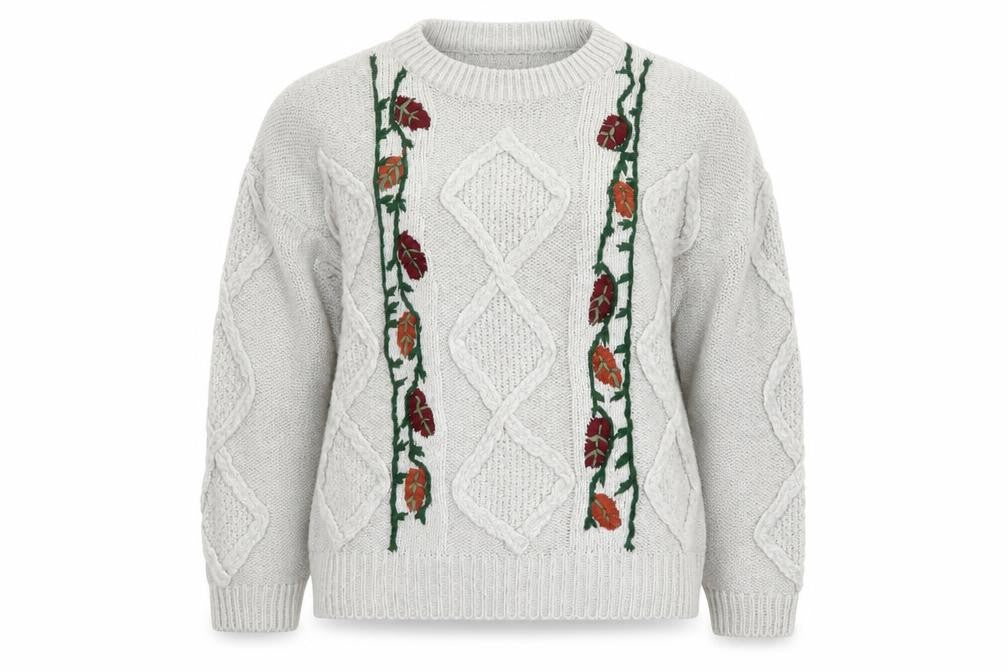 Pull&Bear Women’s Beige Cable-Knit Pullover Jumper Size L Embroidered Floral Autumn