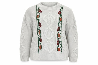 Pull&Bear Women’s Beige Cable-Knit Pullover Jumper Size L Embroidered Floral Autumn