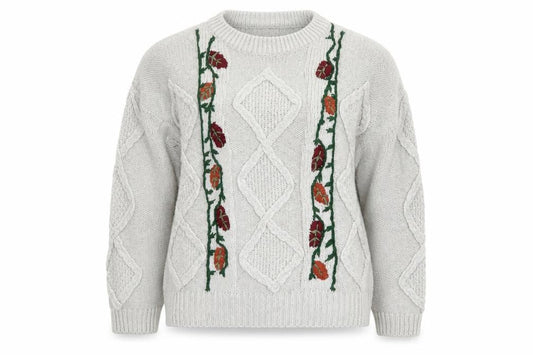 Pull&Bear Women’s Beige Cable-Knit Pullover Jumper Size L Embroidered Floral Autumn