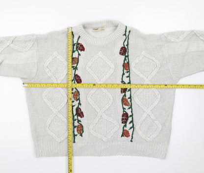 Pull&Bear Women’s Beige Cable-Knit Pullover Jumper Size L Embroidered Floral Autumn
