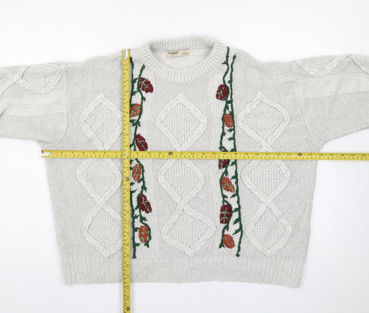 Pull&Bear Women’s Beige Cable-Knit Pullover Jumper Size L Embroidered Floral Autumn