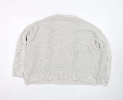 Pull&Bear Women’s Beige Cable-Knit Pullover Jumper Size L Embroidered Floral Autumn