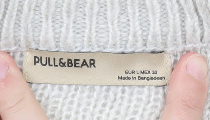 Pull&Bear Women’s Beige Cable-Knit Pullover Jumper Size L Embroidered Floral Autumn
