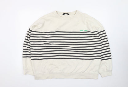 F&F Womens Ivory Striped Pullover Sweatshirt UK 16 Good Vibes Graphic