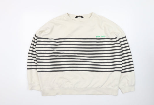 F&F Womens Ivory Striped Pullover Sweatshirt UK 16 Good Vibes Graphic