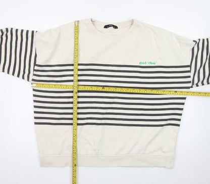 F&F Womens Ivory Striped Pullover Sweatshirt UK 16 Good Vibes Graphic