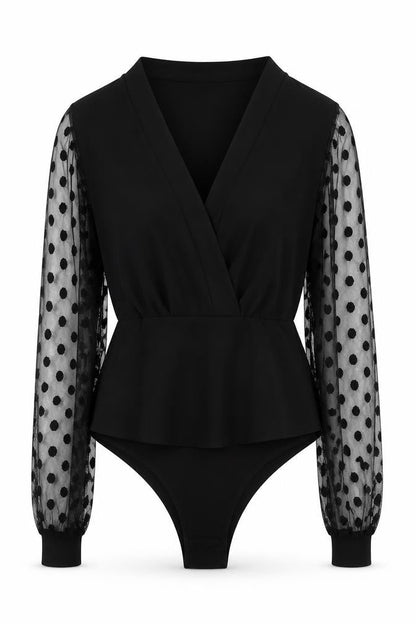 Boohoo Women Black Size 10 Wrap Mesh Polka Dot Long Sleeve Bodysuit