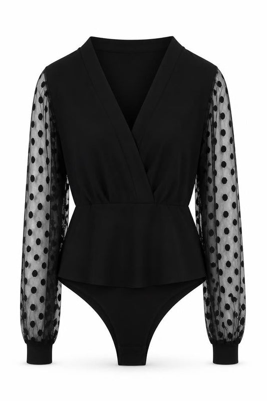Boohoo Women Black Size 10 Wrap Mesh Polka Dot Long Sleeve Bodysuit