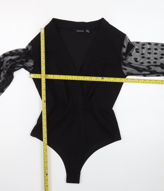 Boohoo Women Black Size 10 Wrap Mesh Polka Dot Long Sleeve Bodysuit