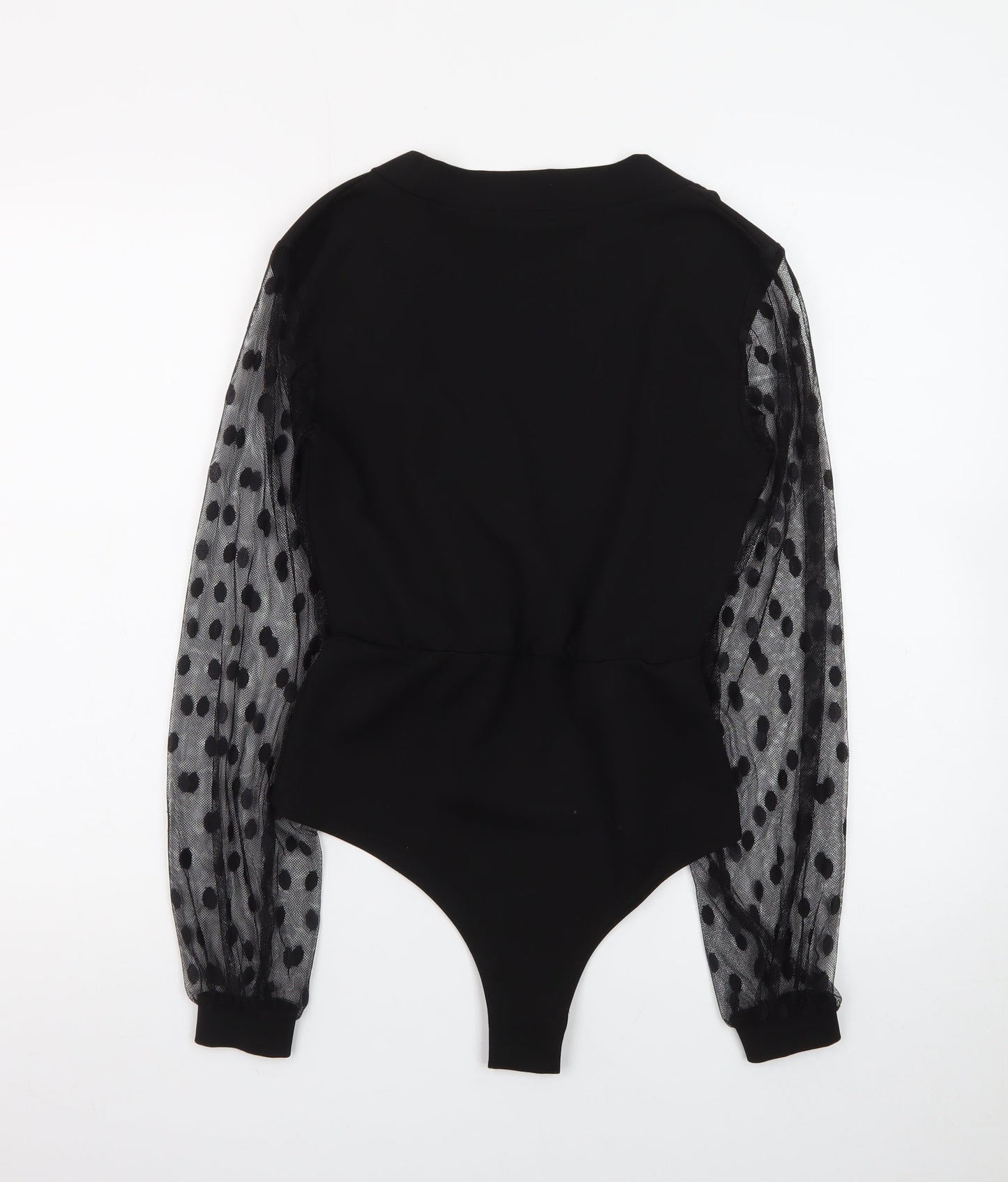 Boohoo Women Black Size 10 Wrap Mesh Polka Dot Long Sleeve Bodysuit
