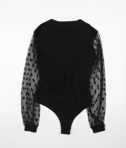 Boohoo Women Black Size 10 Wrap Mesh Polka Dot Long Sleeve Bodysuit