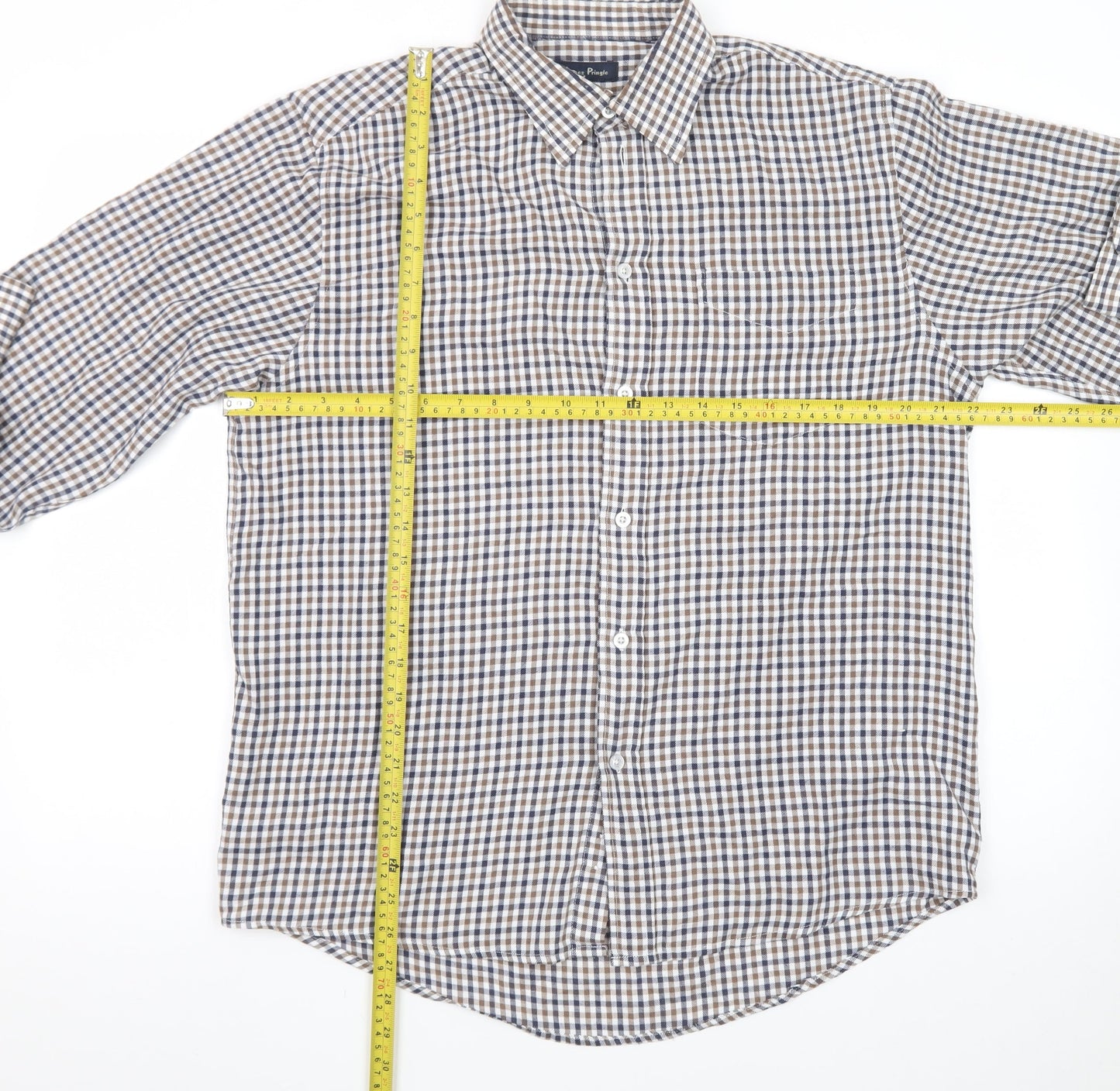 James Pringle Men's Brown Check Long Sleeve Button-Up Shirt M
