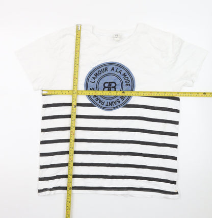 River Island Women White Striped T-Shirt UK 16 Cotton Crew Neck