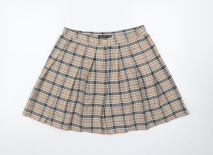 Nasty Gal Women Beige Plaid Pleated Short Skirt UK 14