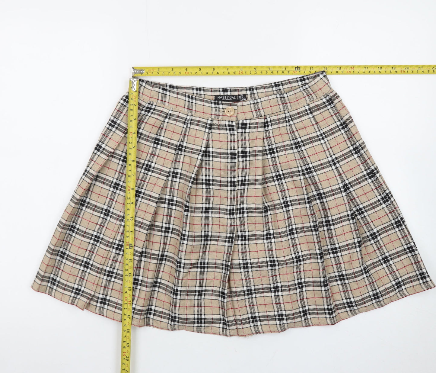 Nasty Gal Women Beige Plaid Pleated Short Skirt UK 14