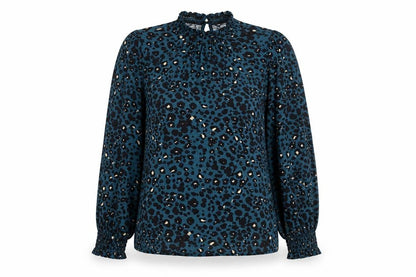 M&Co Women Blue Animal Print High Neck Long Sleeve Tunic Blouse UK 14