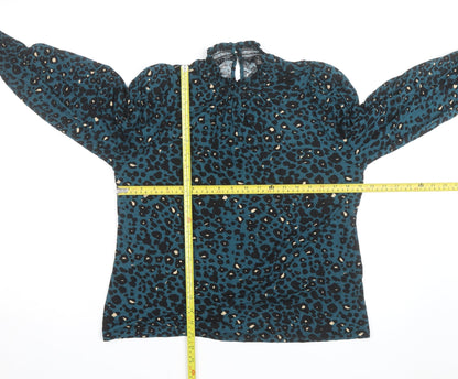 M&Co Women Blue Animal Print High Neck Long Sleeve Tunic Blouse UK 14