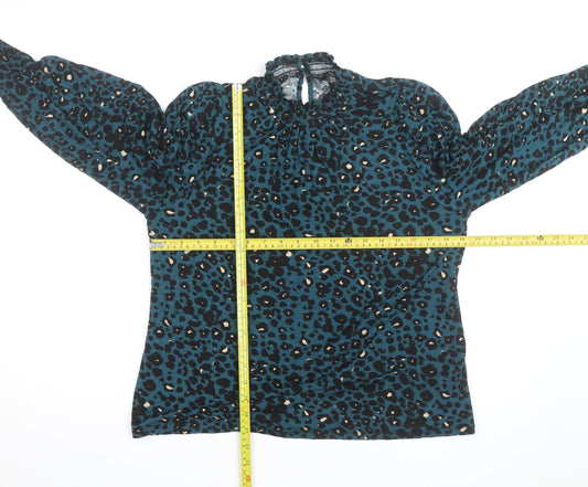 M&Co Women Blue Animal Print High Neck Long Sleeve Tunic Blouse UK 14