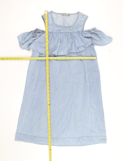 Vero Moda Women Blue Chambray Cold Shoulder Shift Dress Size S
