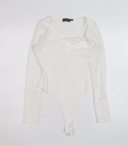 PrettyLittleThing Women White Long Sleeve Ribbed Bodysuit Size 10
