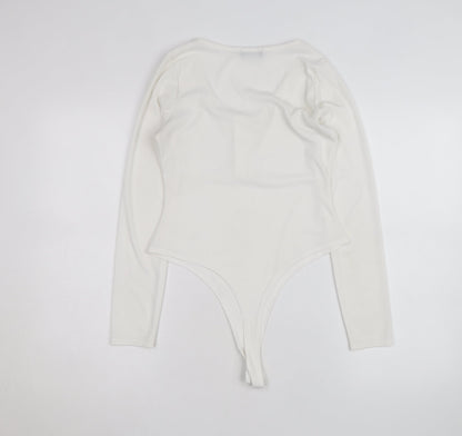PrettyLittleThing Women White Long Sleeve Ribbed Bodysuit Size 10