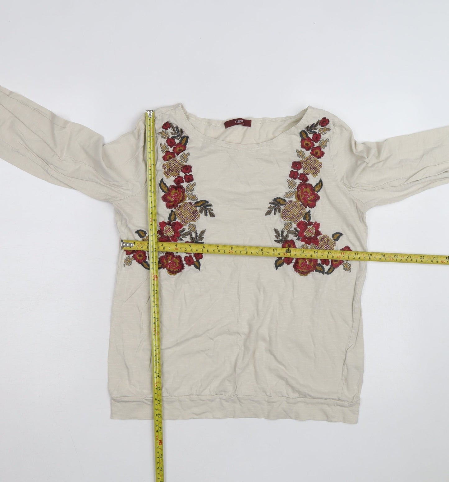Next Women's Beige Embroidered Floral Tunic Top Size 14