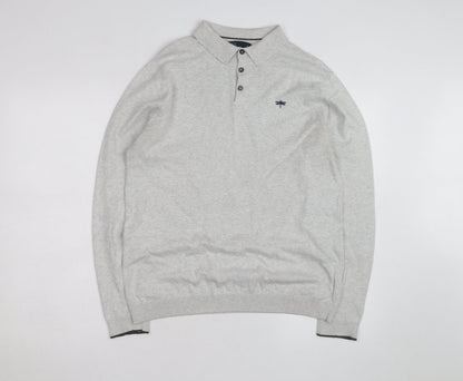 Easy Men's Grey Long Sleeve Cotton Polo Shirt Medium