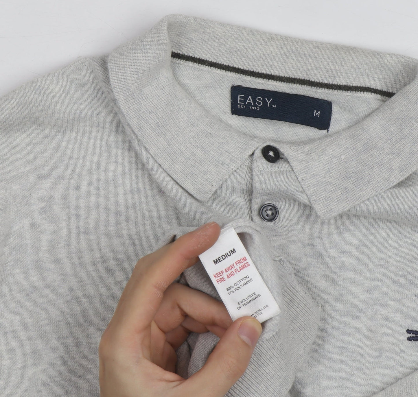 Easy Men's Grey Long Sleeve Cotton Polo Shirt Medium