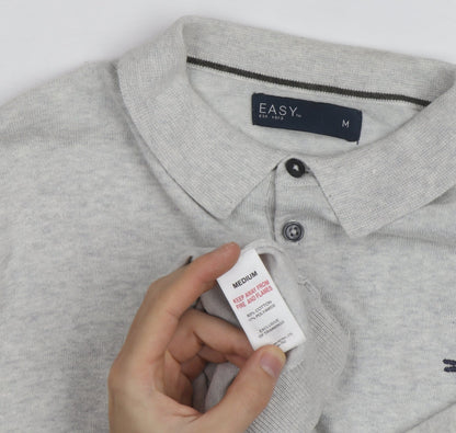 Easy Men's Grey Long Sleeve Cotton Polo Shirt Medium