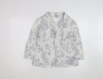 Wallis Women White Floral Linen Blend 3/4 Sleeve Blouse Size 14