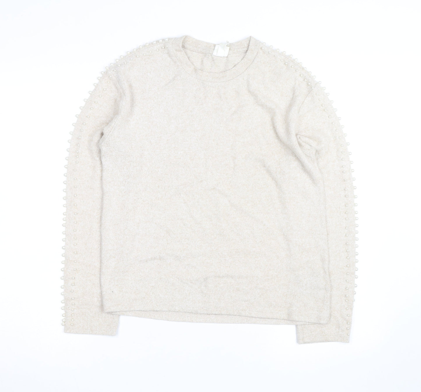 H&M Unisex Beige Beaded Crew Neck Knit Pullover Jumper XS