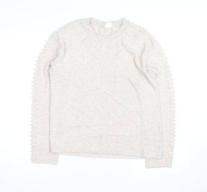 H&M Unisex Beige Beaded Crew Neck Knit Pullover Jumper XS