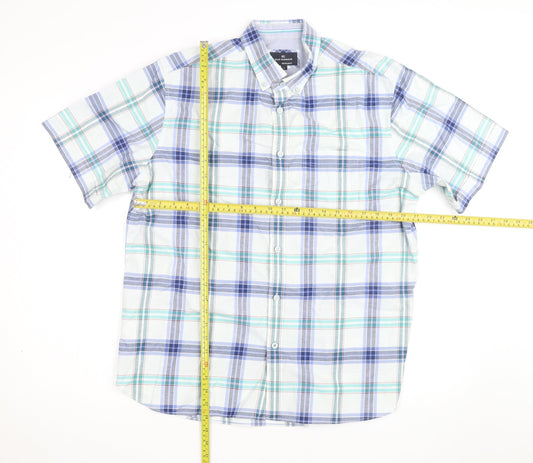 Marks and Spencer Blue Harbour Men's Blue Plaid Short Sleeve Cotton Shirt L