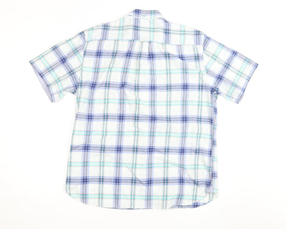 Marks and Spencer Blue Harbour Men's Blue Plaid Short Sleeve Cotton Shirt L