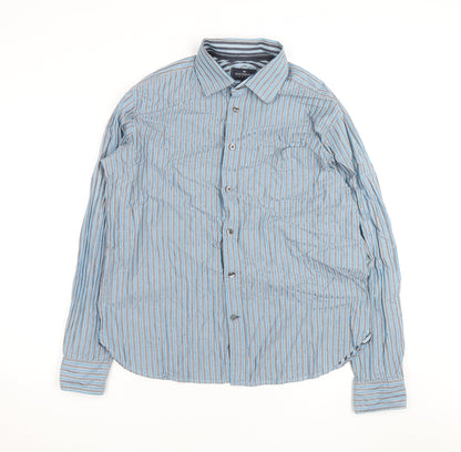 Marks and Spencer Blue Harbour Men's Blue Striped Cotton Long Sleeve Shirt L