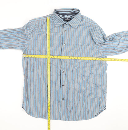 Marks and Spencer Blue Harbour Men's Blue Striped Cotton Long Sleeve Shirt L