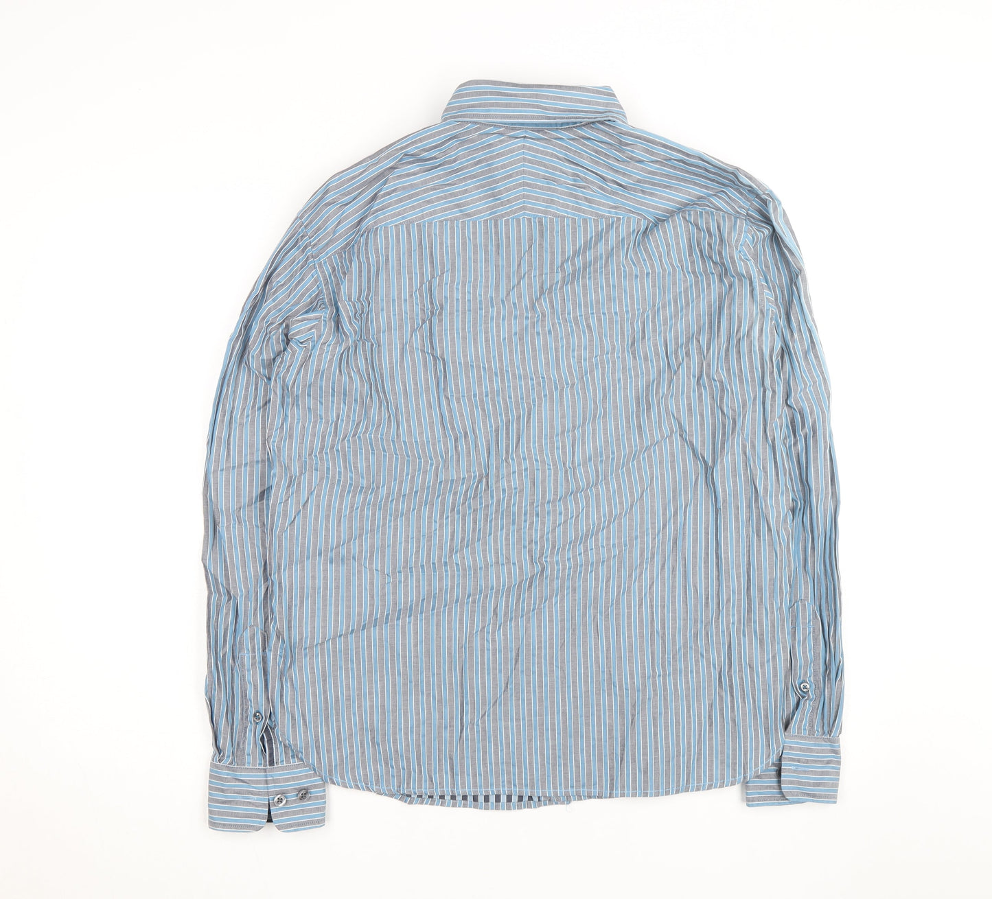 Marks and Spencer Blue Harbour Men's Blue Striped Cotton Long Sleeve Shirt L