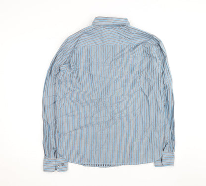 Marks and Spencer Blue Harbour Men's Blue Striped Cotton Long Sleeve Shirt L
