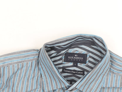 Marks and Spencer Blue Harbour Men's Blue Striped Cotton Long Sleeve Shirt L