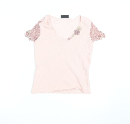 Principles Women Pink V-Neck Crochet Sleeve T-Shirt Size S