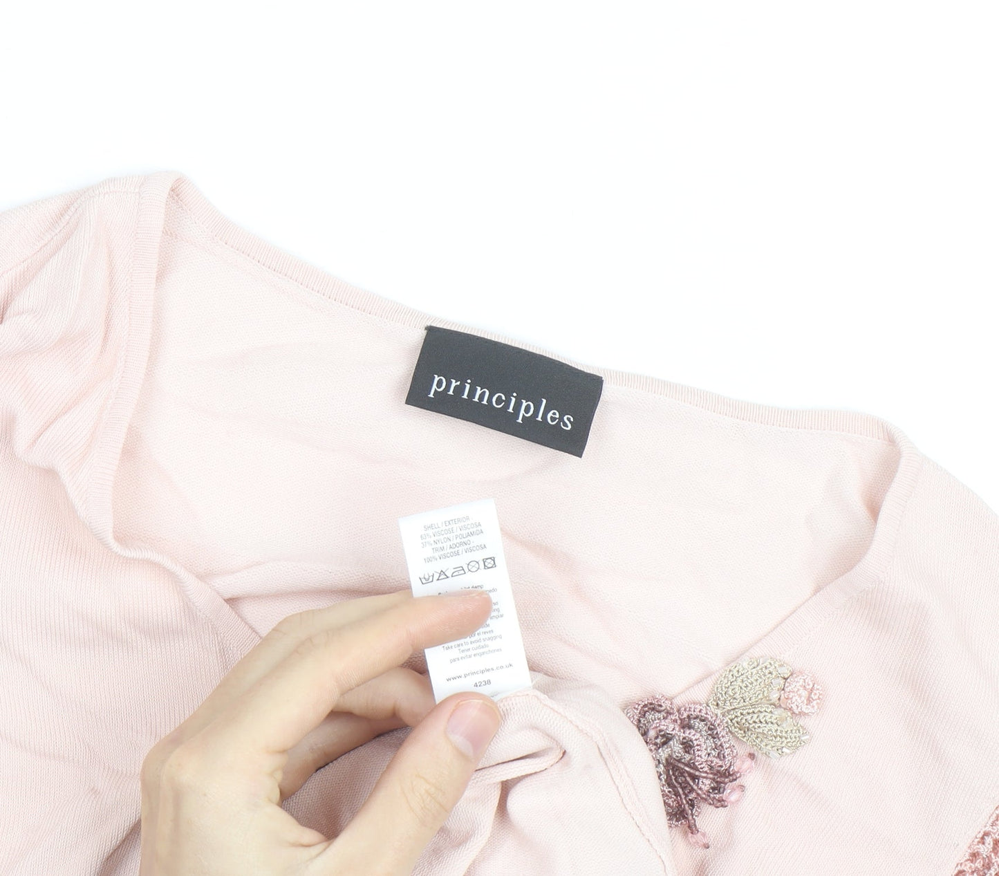 Principles Women Pink V-Neck Crochet Sleeve T-Shirt Size S