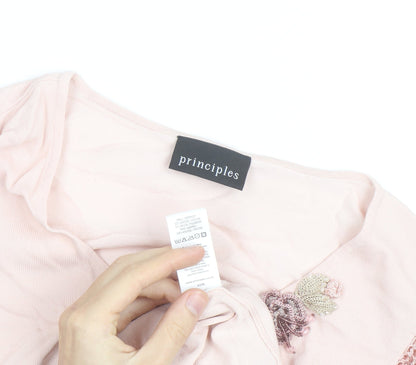 Principles Women Pink V-Neck Crochet Sleeve T-Shirt Size S