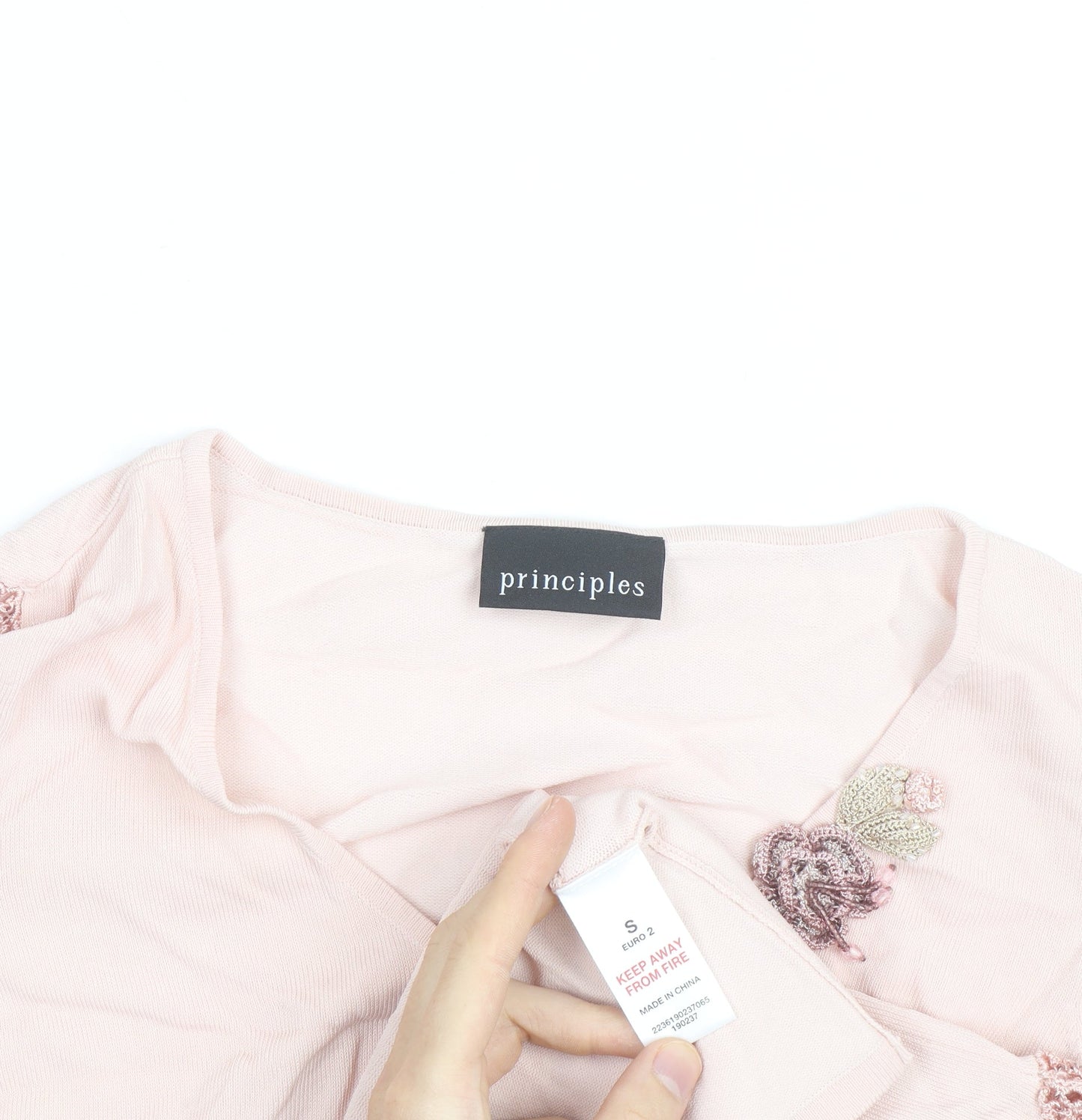 Principles Women Pink V-Neck Crochet Sleeve T-Shirt Size S