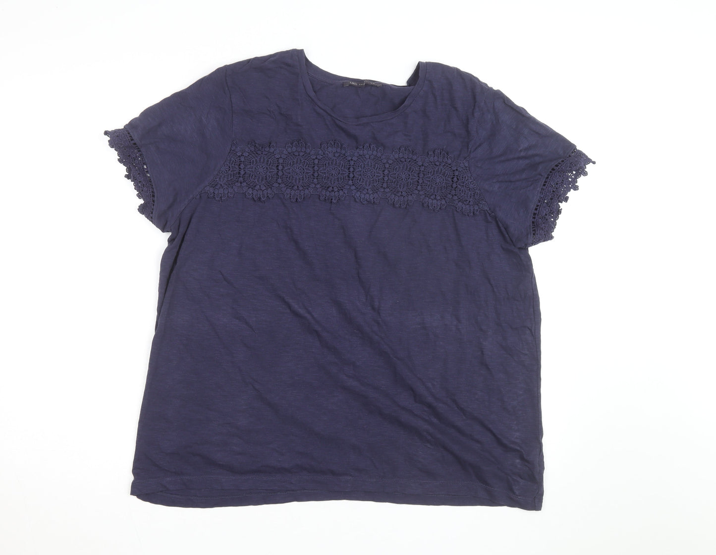 Marks and Spencer Womens Blue Crochet Trim Cotton T-Shirt Size 20