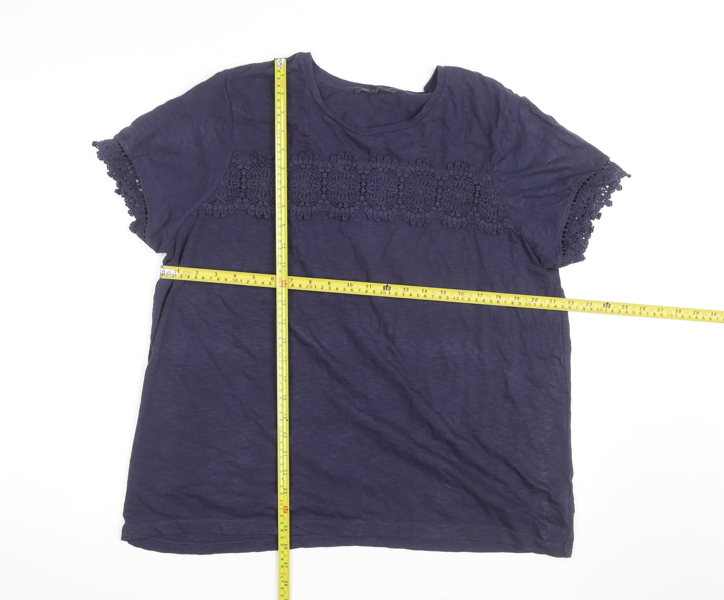 Marks and Spencer Womens Blue Crochet Trim Cotton T-Shirt Size 20