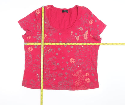 BM Collection Women's Pink Floral Beaded Short Sleeve Cotton T-Shirt L